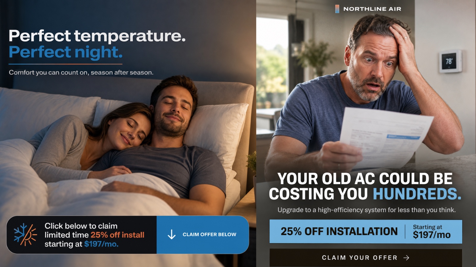 Two Northline Air static ads, one on comfort and one on a rising power bill